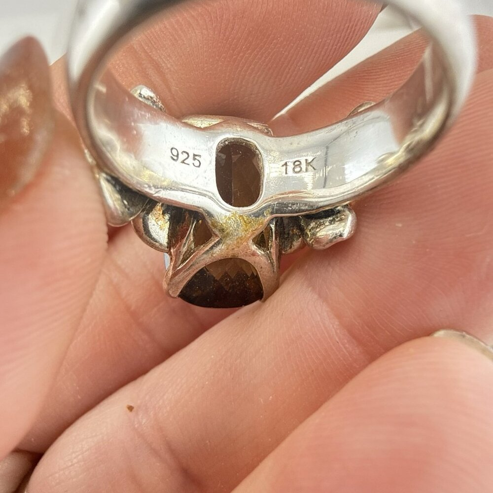 Ann King Ring Sterling Silver 18k Yellow Gold Floral Flower Smoky Quartz Size 8 - Picture 10 of 11